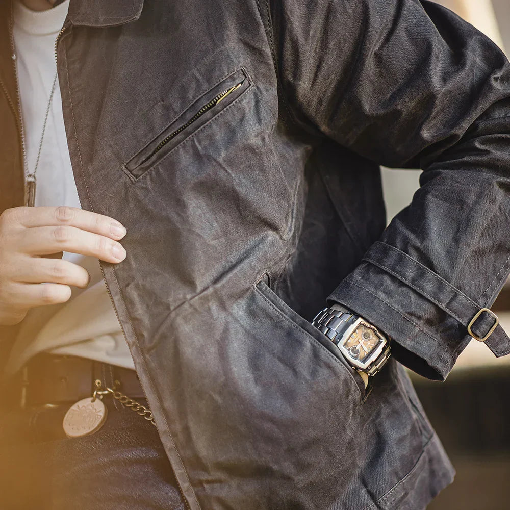 TYVANO | Vintage-Herrenjacke aus gewachstem Canvas - IV-Design mit Reißverschluss und Reverskragen, kurzer Schnitt, schlanke Passform für Frühjahr & Herbst