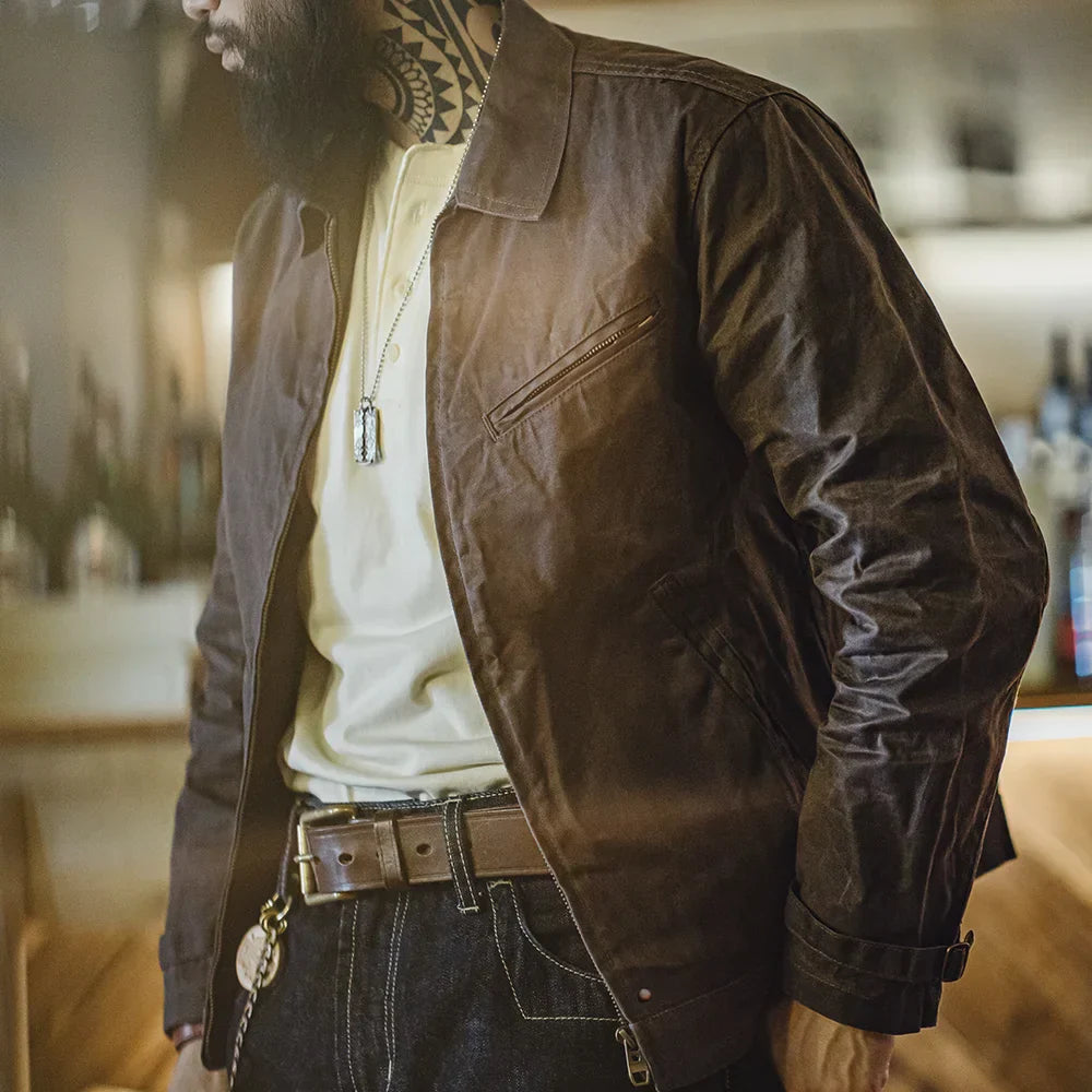 TYVANO | Vintage-Herrenjacke aus gewachstem Canvas - IV-Design mit Reißverschluss und Reverskragen, kurzer Schnitt, schlanke Passform für Frühjahr & Herbst