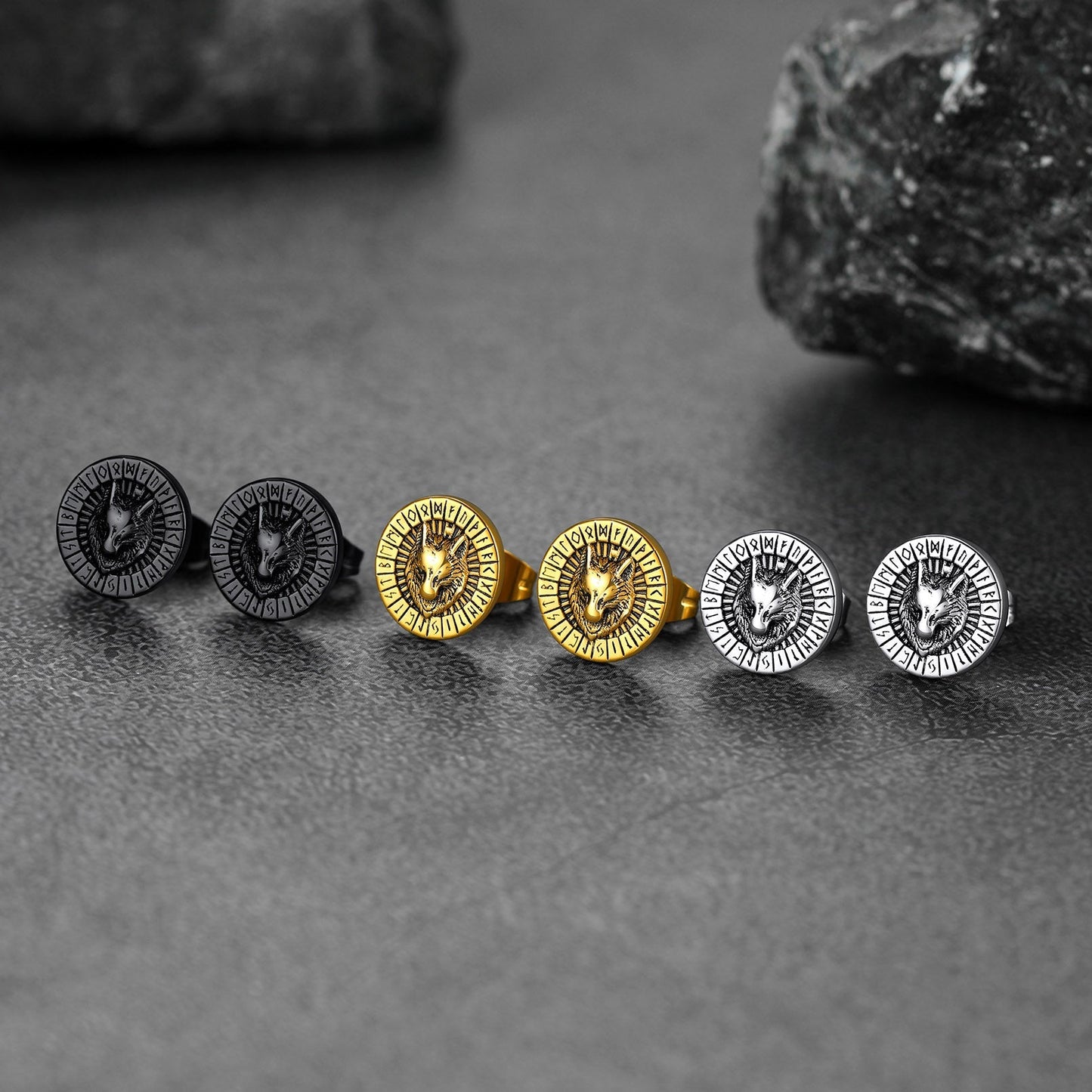 Viking Wolf Head Stud Earrings With Runes for