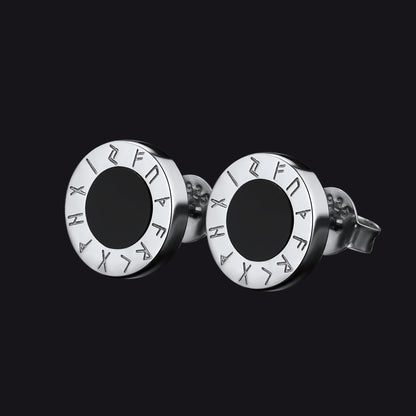 Sterling Silver Viking Runes Black Onyx Stud Earrings for