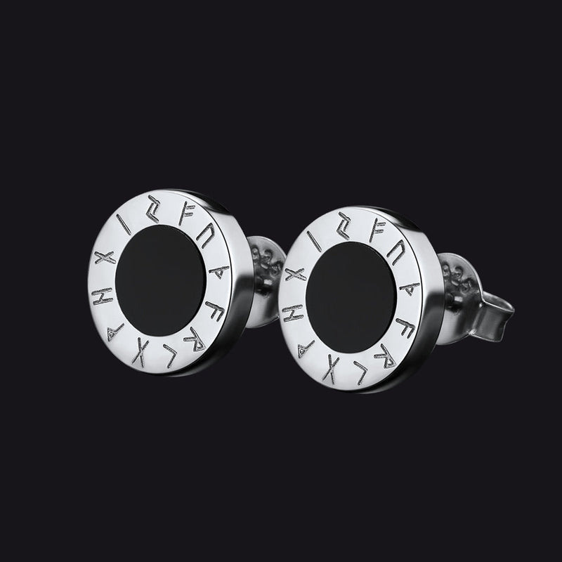 Sterling Silver Viking Runes Black Onyx Stud Earrings for