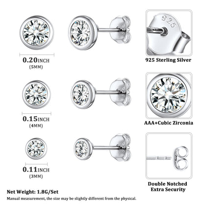 925 Sterling Silver Diamond Stud Earrings Set for 3 Pairs