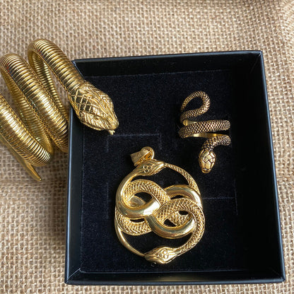 3 Pcs Coiled Snake Ring Pendant and Bracelet Jewelry Set