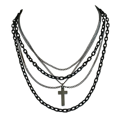 Multilayer Gothic 80s Retro Black and Gunmetal Chain Necklace With Cross