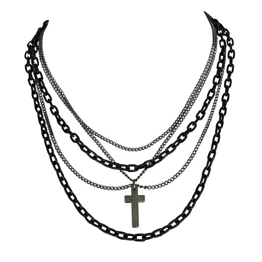 Multilayer Gothic 80s Retro Black and Gunmetal Chain Necklace With Cross