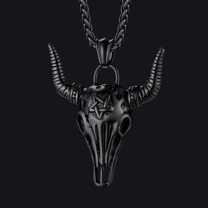 Flash Satanic Bull Cow Skull Necklace With Invert Pentagram for