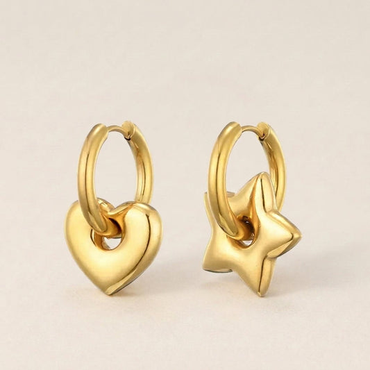 Mismatched Gold Heart & Star Charm Huggie Hoop Earrings