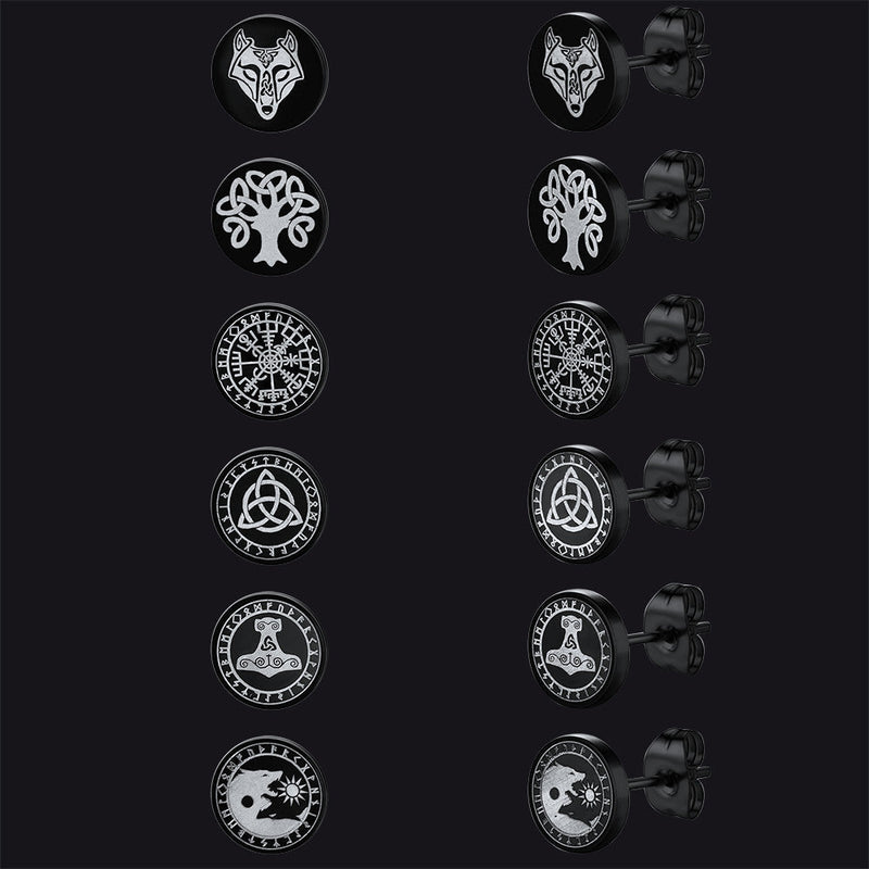 Viking Black Stud Earrings Set for 6 Pairs