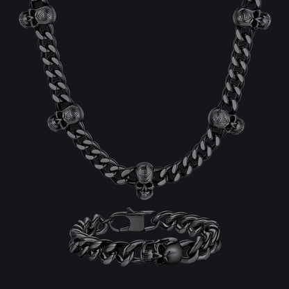 Gothic Skull Cuban Link Choker Chain & Bracelet Jewelry Set for