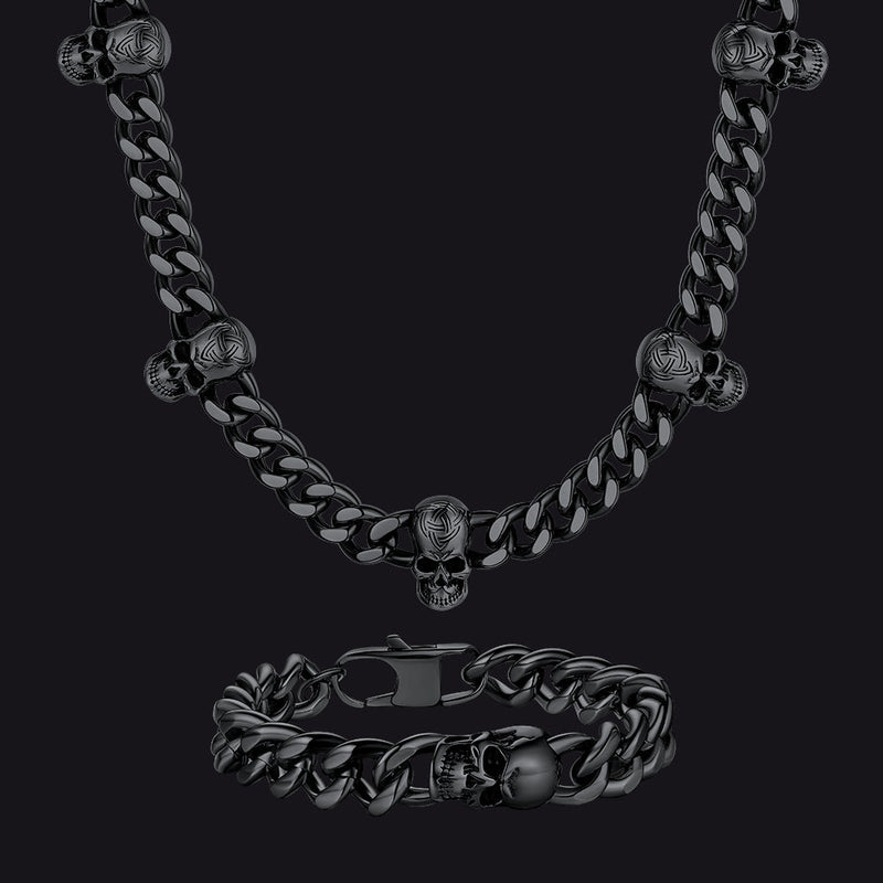 Gothic Skull Cuban Link Choker Chain & Bracelet Jewelry Set for