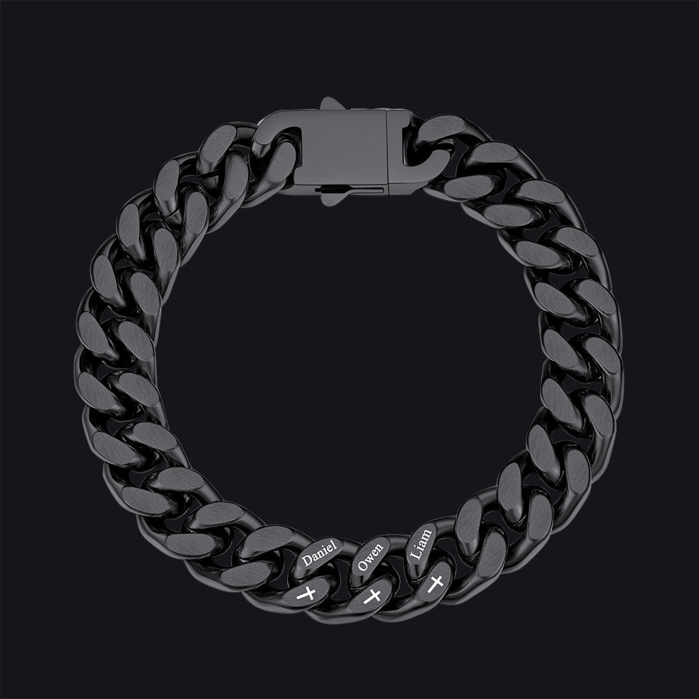 Personalized Multi Names Cuban Chain Bracelet With Cross Gift for Him , 12mm Width