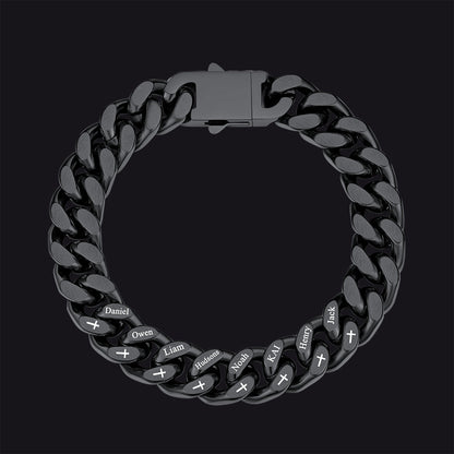 Personalized Multi Names Cuban Chain Bracelet With Cross Gift for Him , 12mm Width