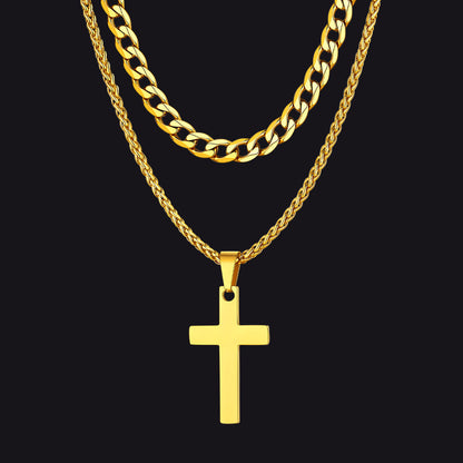 Gift for Cuban Chain & Cross Pendant Layered Necklace Set Birthday Gift