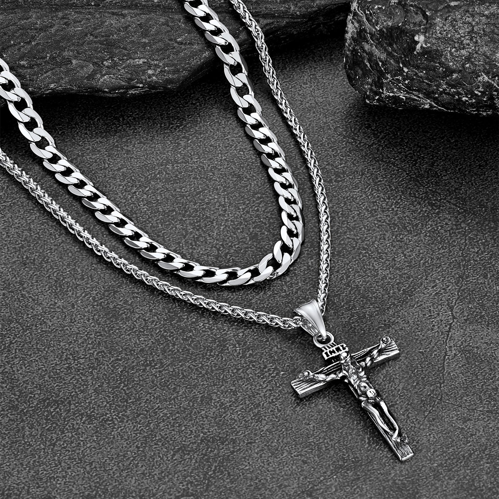 Jesus Crucifix Cross & Cuban Chain Layered Necklaces Set for