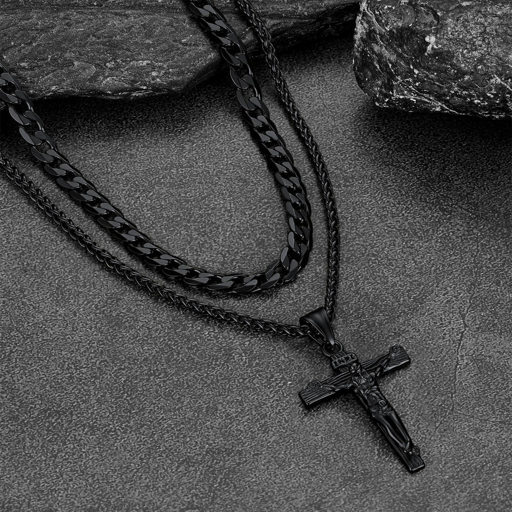 Jesus Crucifix Cross & Cuban Chain Layered Necklaces Set for