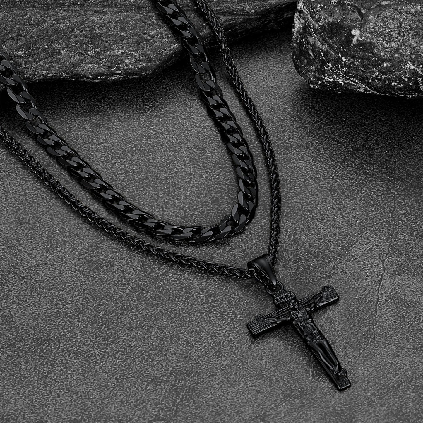 Jesus Crucifix Cross & Cuban Chain Layered Necklaces Set for