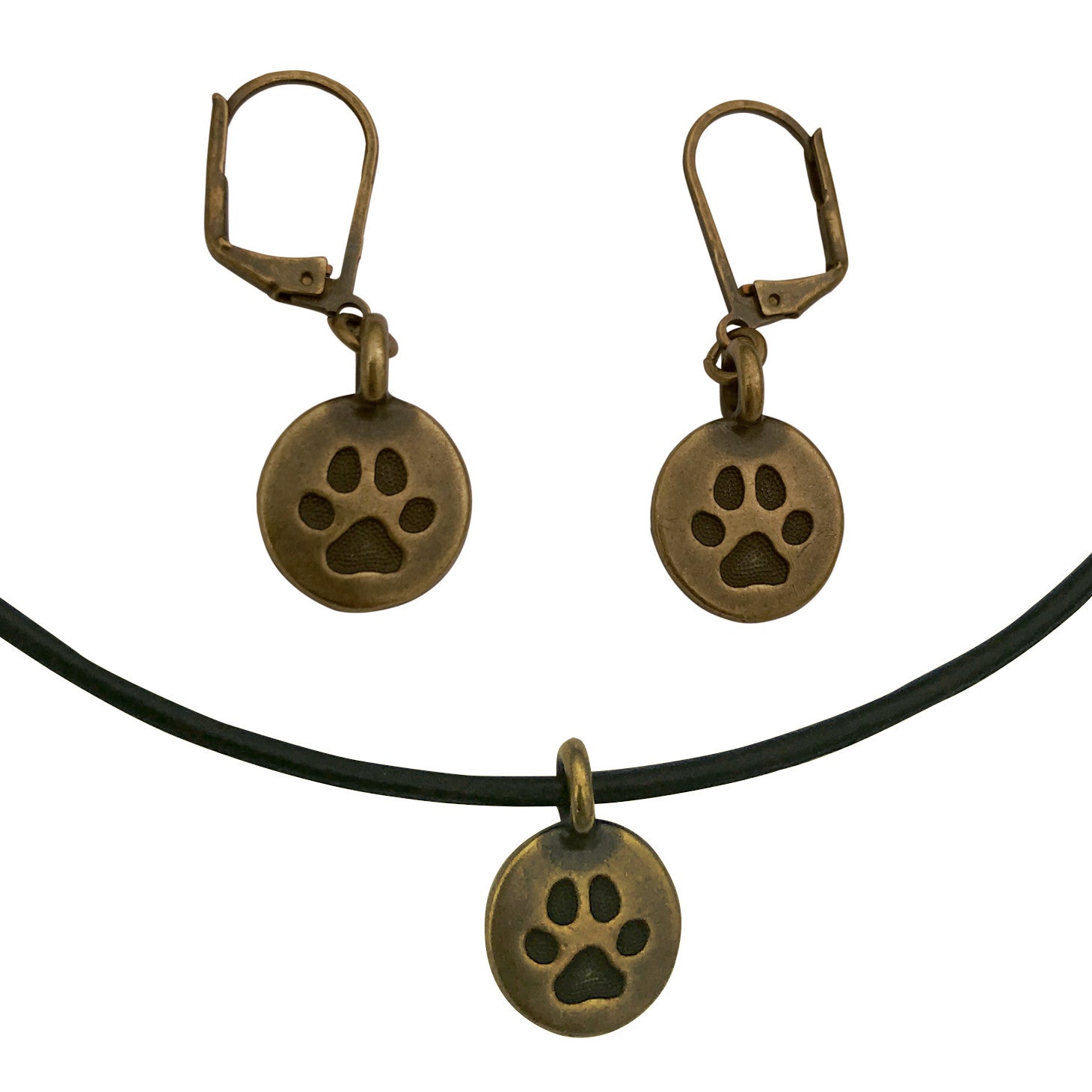 Dragonweave Paw Circle Charm Necklace and Earring Set, Antique Brass Black Leather Choker and Leverback Earrings