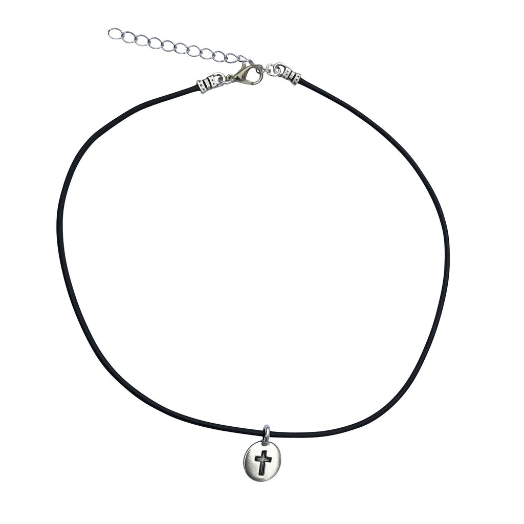 Dragonweave Cross Circle Charm Necklace and Earring Set, Silver Plated Black Leather Choker and Leverback Earrings