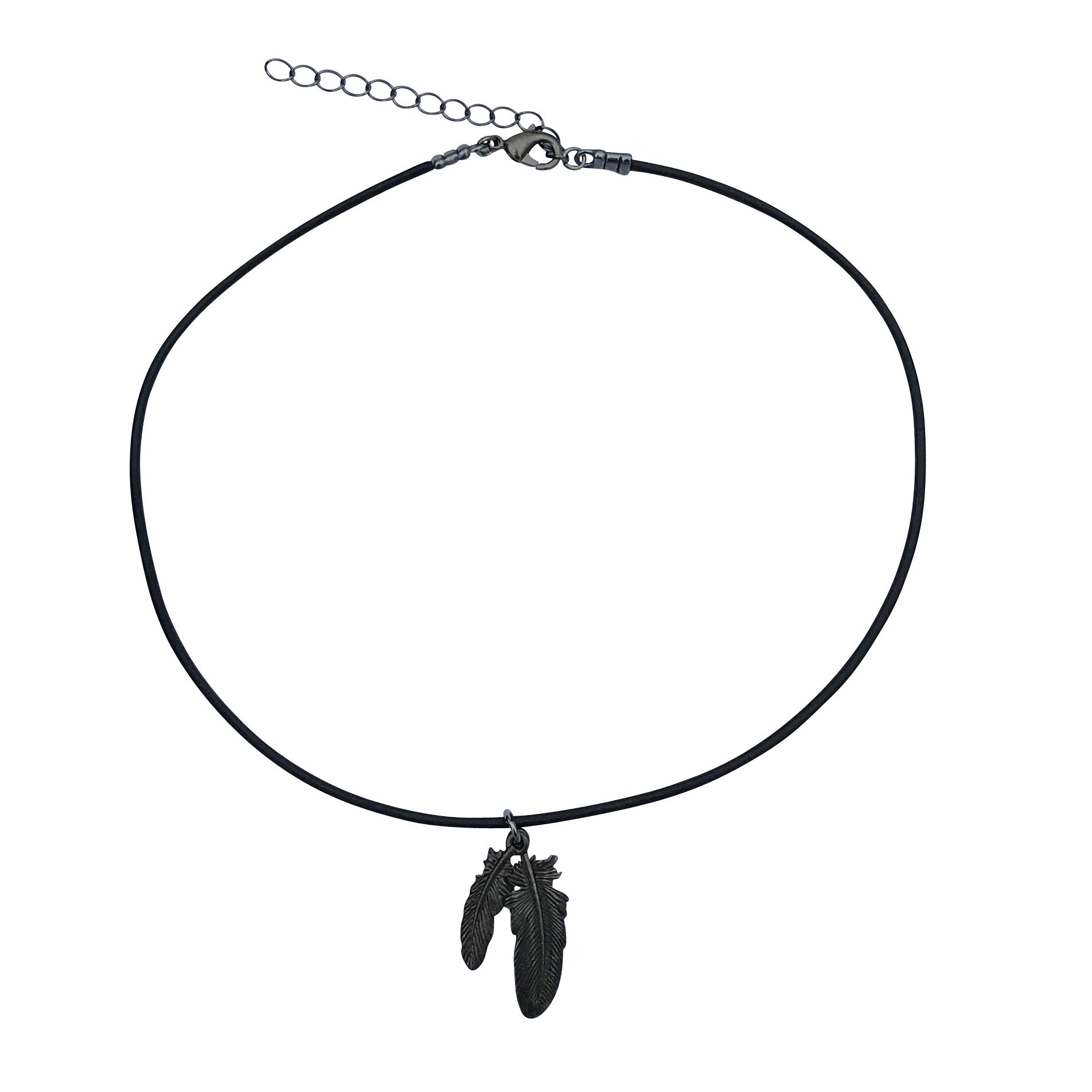 Dragonweave Raven Feather Charm Necklace and Earring Set, Gunmetal Black Leather Choker and Leverback Earrings