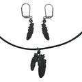 Dragonweave Raven Feather Charm Necklace and Earring Set, Gunmetal Black Leather Choker and Leverback Earrings