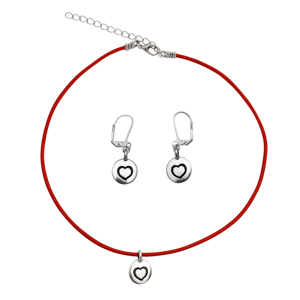 Dragonweave Heart Circle Charm Necklace and Earring Set, Silver Plated Red Leather Choker and Leverback Earrings