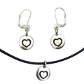 Dragonweave Heart Circle Charm Necklace and Earring Set, Silver Plated Black Leather Choker and Leverback Earrings