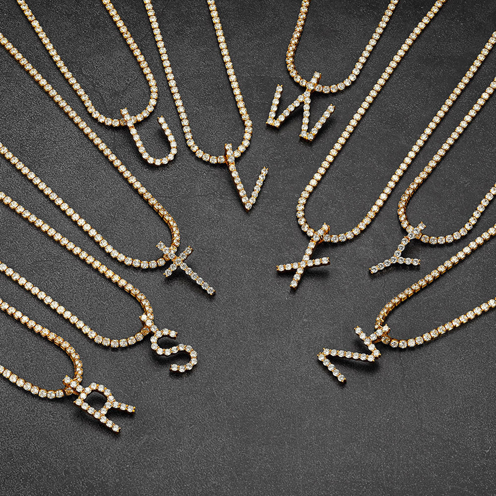 Initial Letter Pendant Necklace With Tennis Chain for