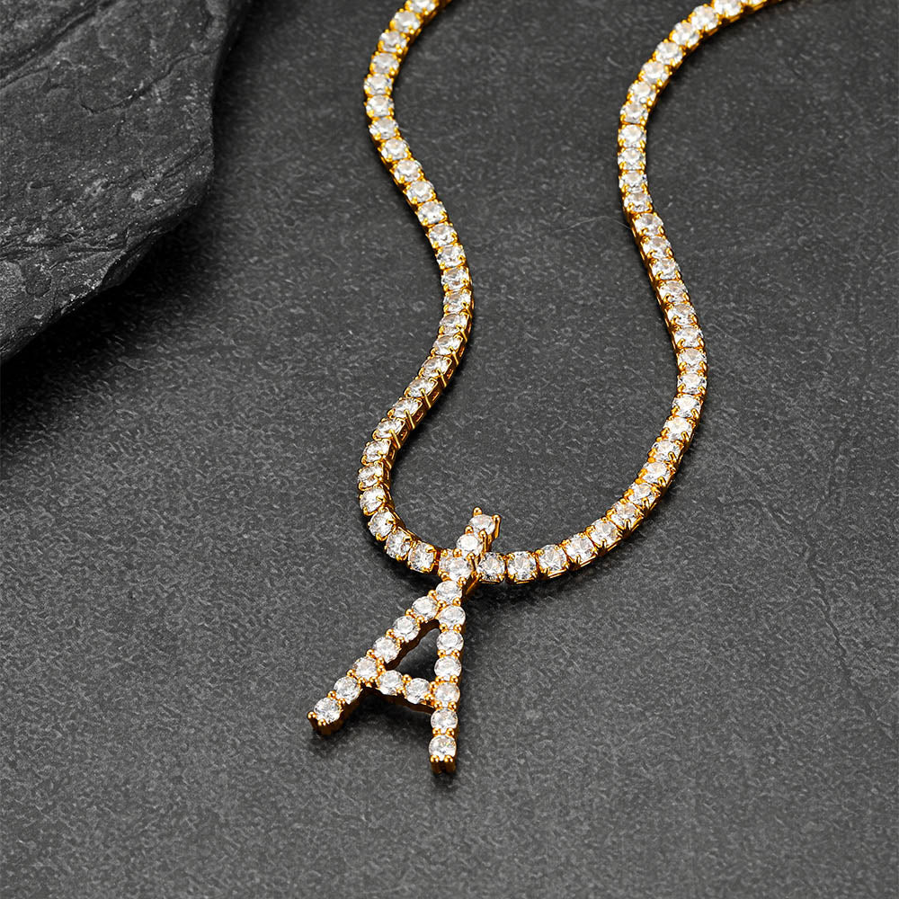 Initial Letter Pendant Necklace With Tennis Chain for
