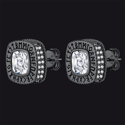 Cushion Cut Diamond Stud Earrings With Viking Runes in Sterling Silver