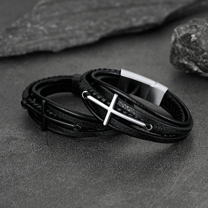 Christian Cross Multi-layer Braided Leather Bracelet for