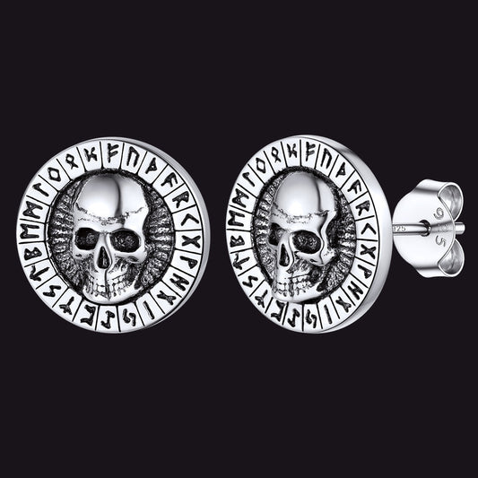 Sterling Silver Runes Skull Earrings Studs for