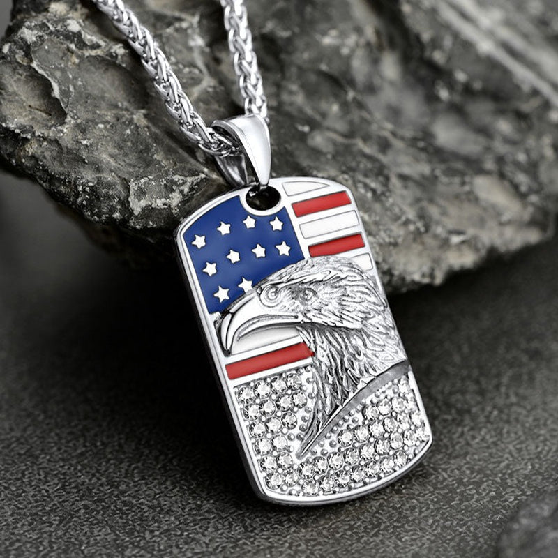 Engraved American Flag Eagle Dog Tag Necklace for