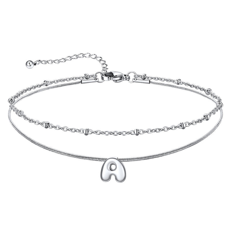 Layered Chain With Beads Bubble Initial Anklets for Mom Gift
