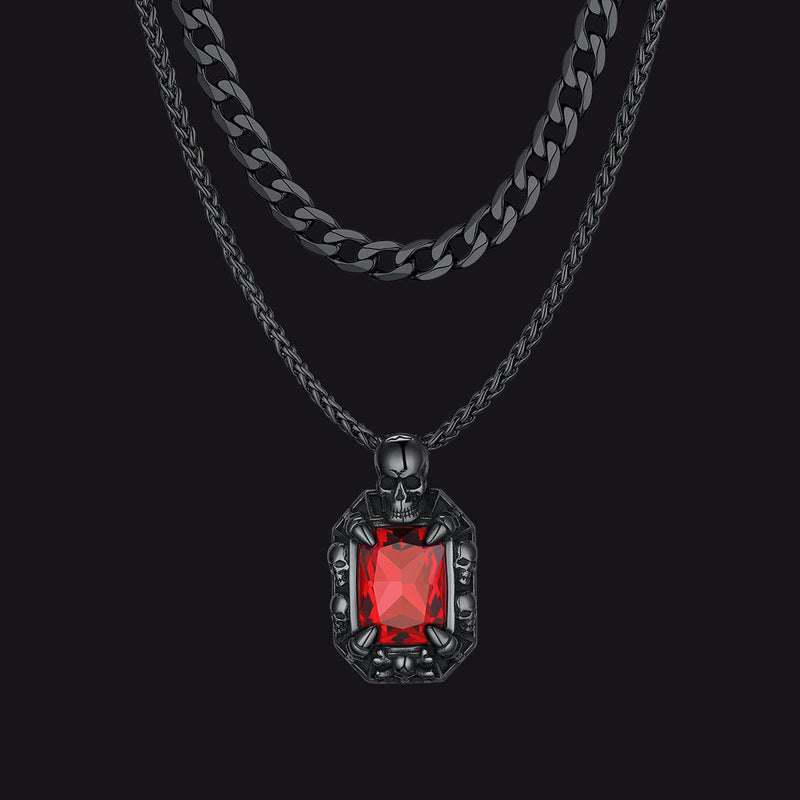 Cuban Curb Chain & Skull Crystal Layered Necklaces Set for
