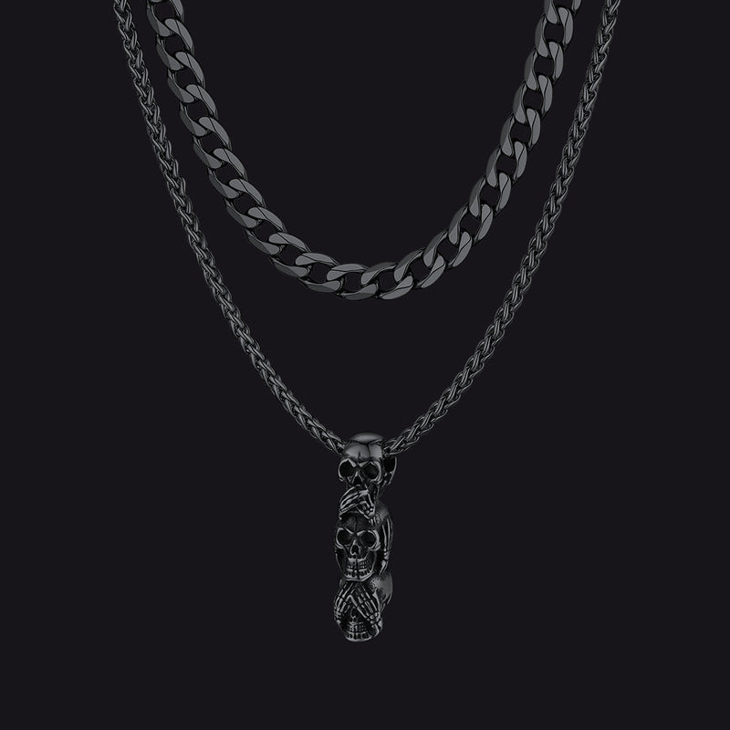Cuban Curb Chain & Skull Layered Necklaces Set for