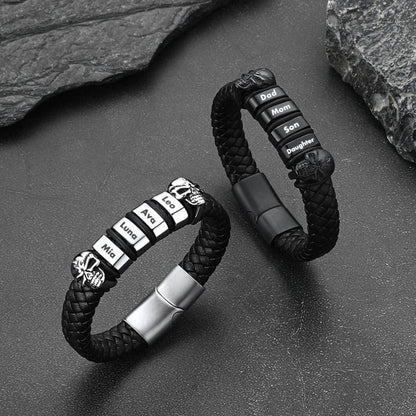 Personalized Name Beads Leather Bracelet With Skull for