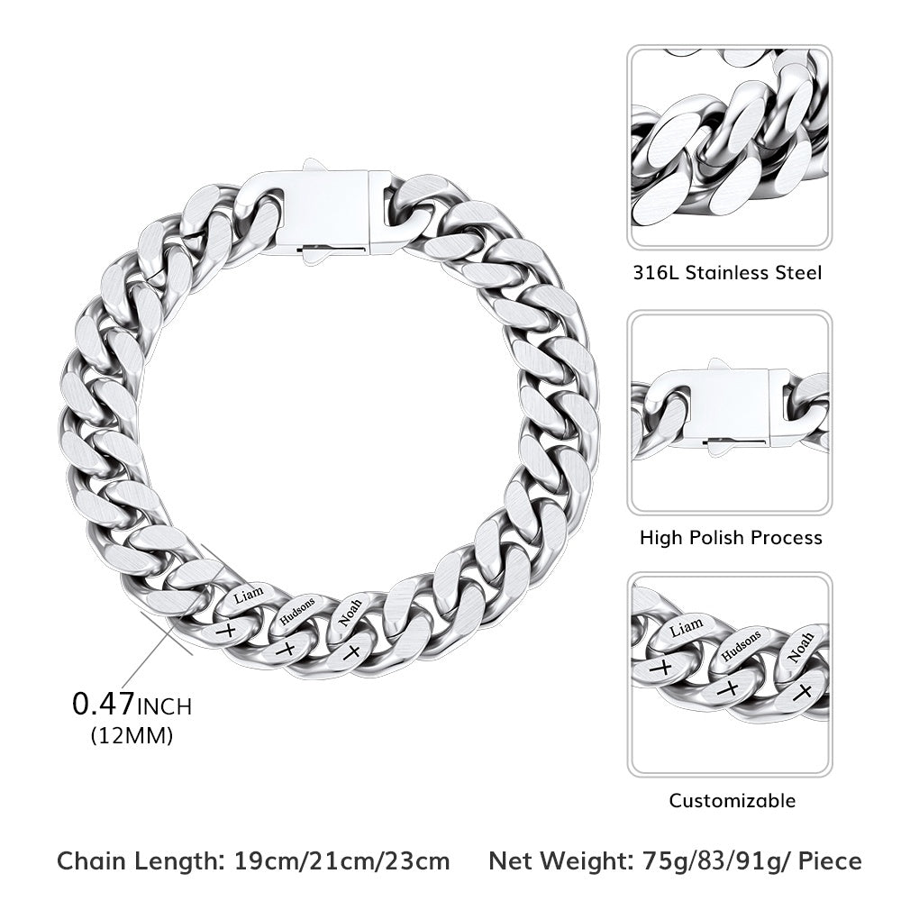 Personalized Multi Names Cuban Chain Bracelet With Cross Gift for Him , 12mm Width