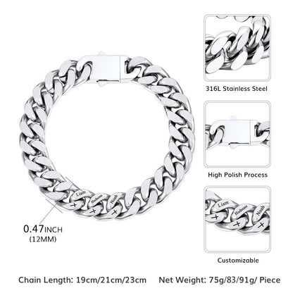 Personalized Multi Names Cuban Chain Bracelet With Cross Gift for Him , 12mm Width