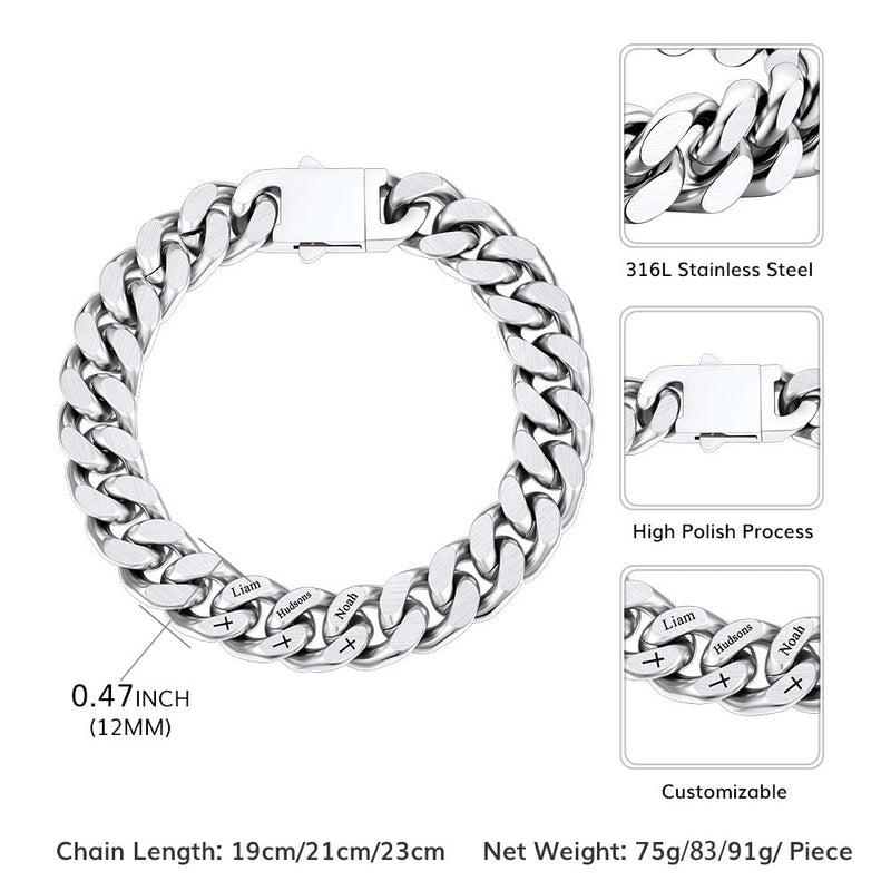 Personalized Multi Names Cuban Chain Bracelet With Cross Gift for Him , 12mm Width