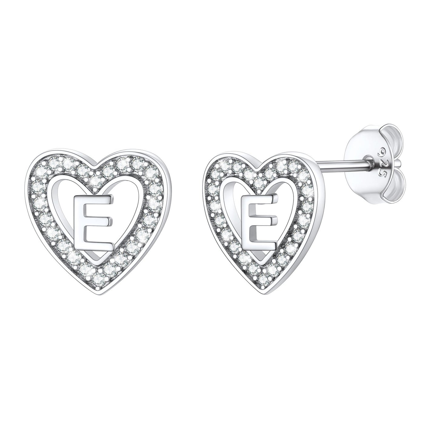 Silver Heart Initial Letter Stud Cubic Zirconia Earrings for Girl