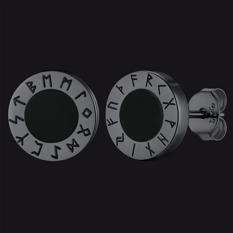 Black Onyx Stud Earrings With Viking Runes in Sterling Silver