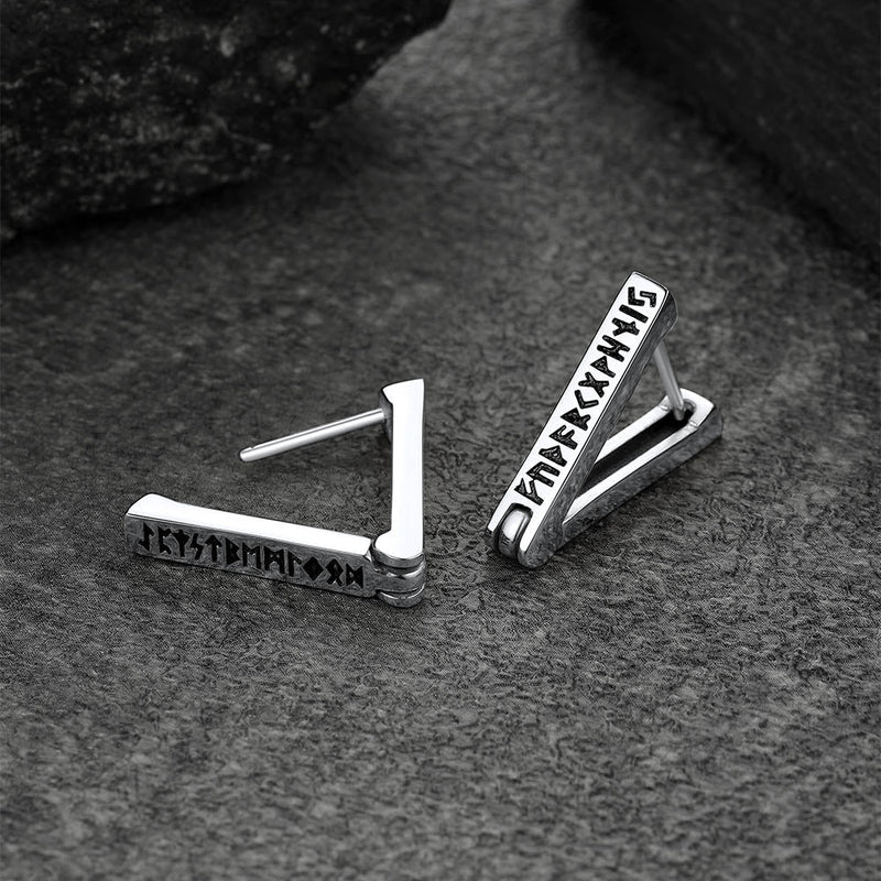 Triangle Huggie Hoop Earrings With Viking Runes for