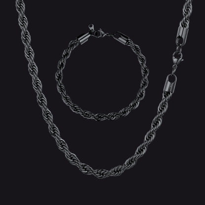 6mm Twisted Rope Link Chain & Rope Bracelet Bundle Set for