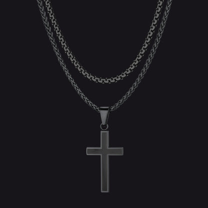 Flat Box Link Chain & Black Enamel Cross Layered Necklaces Set for