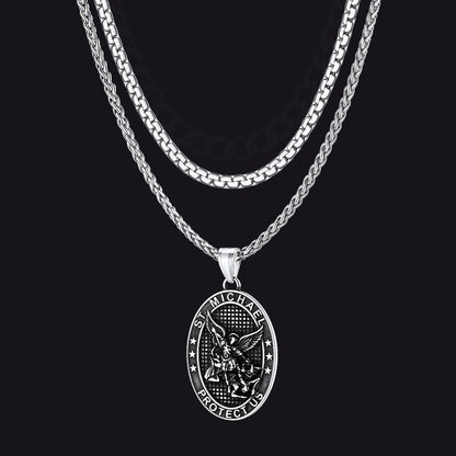 Flat Box Chain & St. Michael Layered Necklaces Set for
