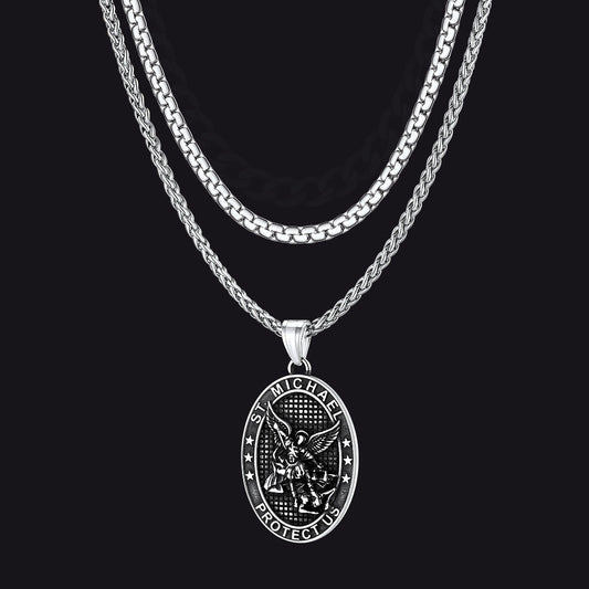 Flat Box Chain & St. Michael Layered Necklaces Set for