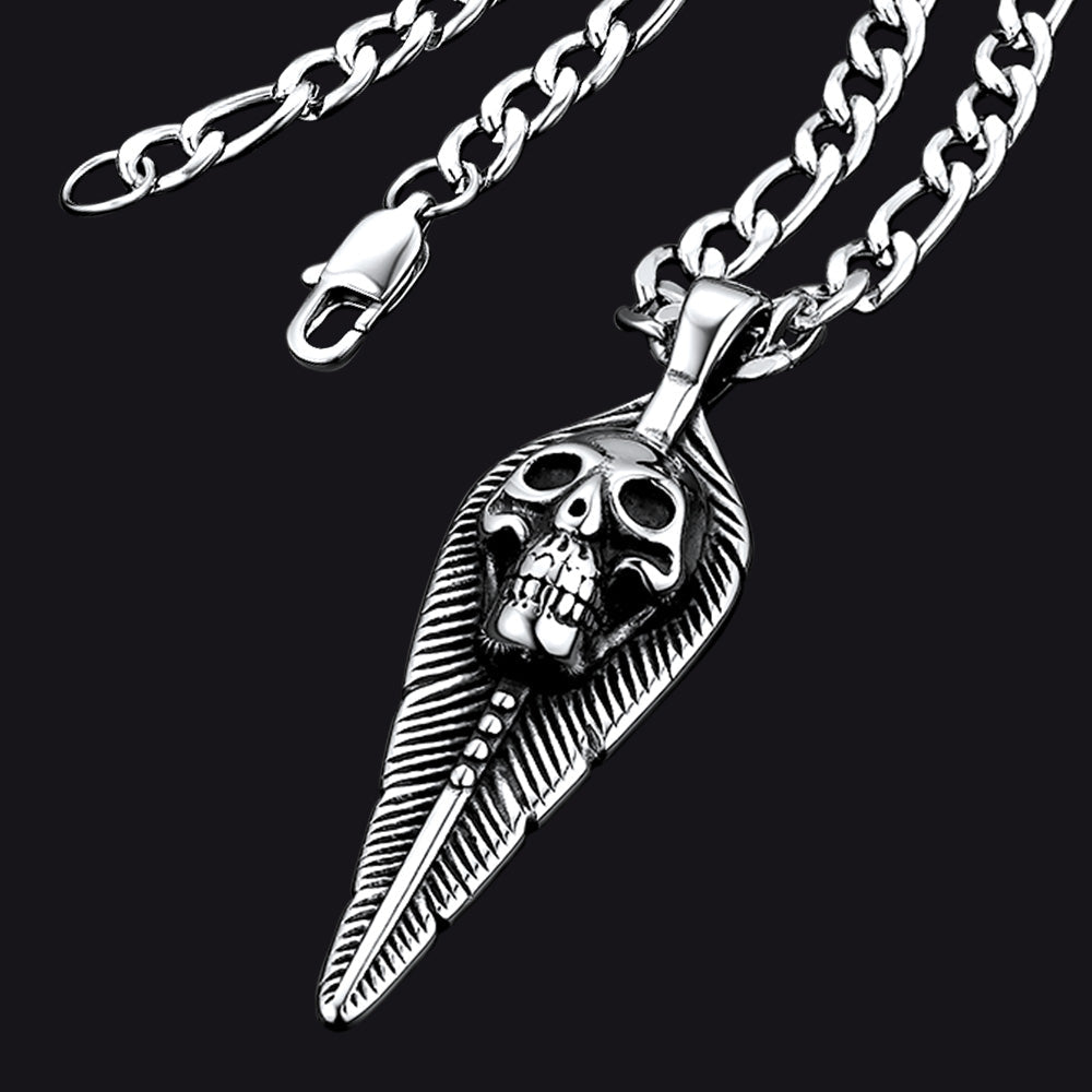 Punk Leaves Skull Pendant Necklace for