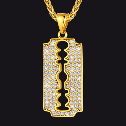 Engraved Razor Blade Pendant Necklace With Diamond for