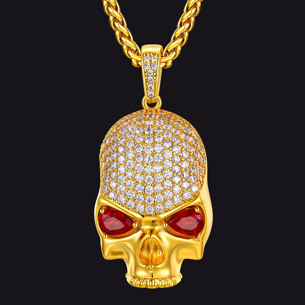 Halloween Gothic Skull Diamond Necklace With Red Eye for