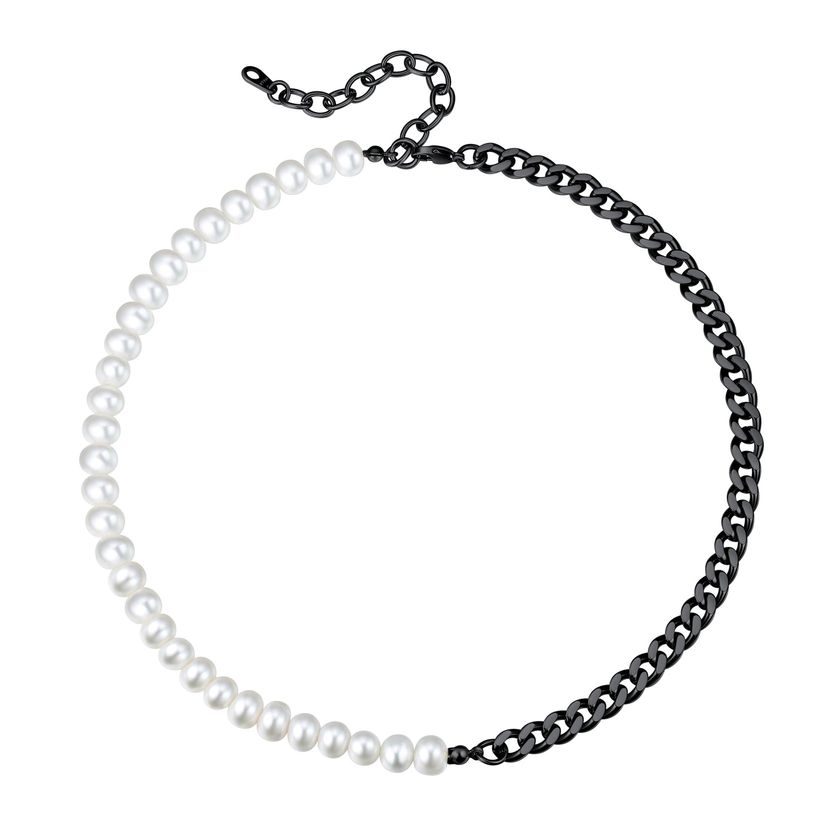Half 8mm White Pearl and Half 7mm Cuban Link Chain Choker Necklace